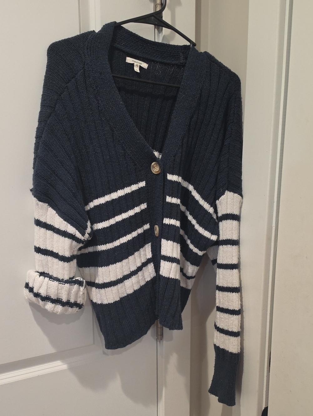 Maurices Navy and White Striped V-Neck Button Cardigan